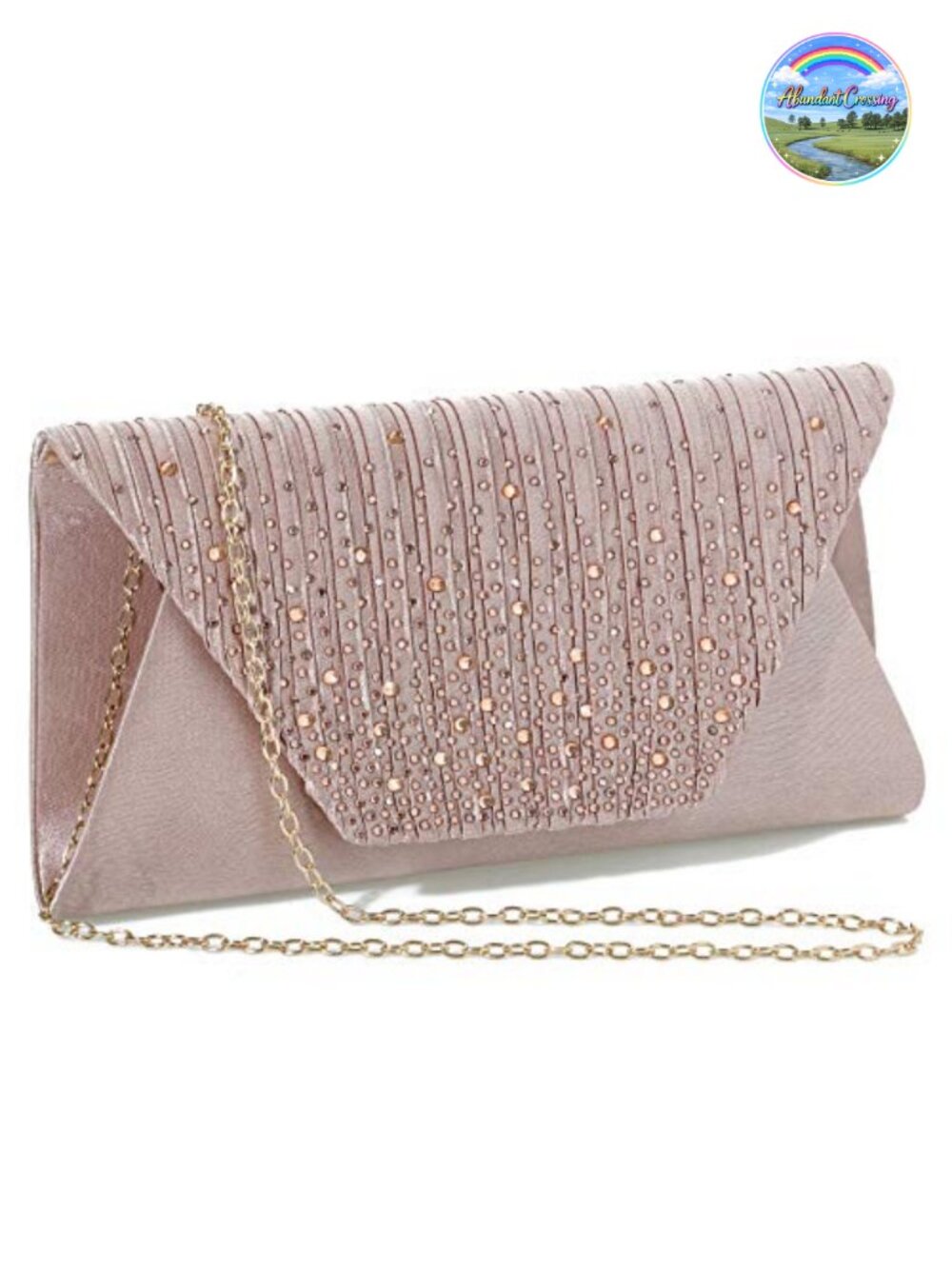 Satin Rhinestone Evening Clutch with Chain Strap Pleated Flap